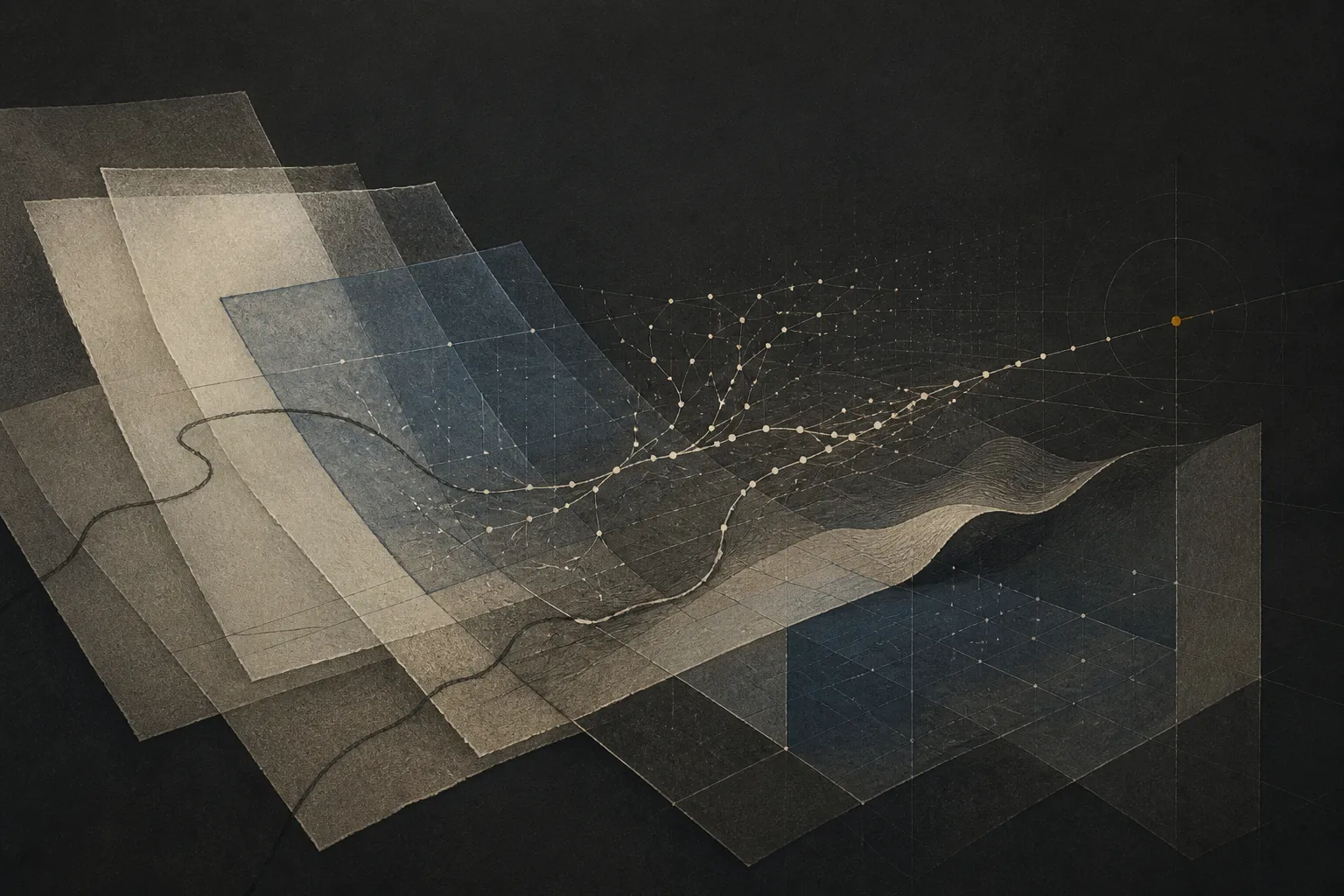 Abstract layers showing human judgment moving through a computational system