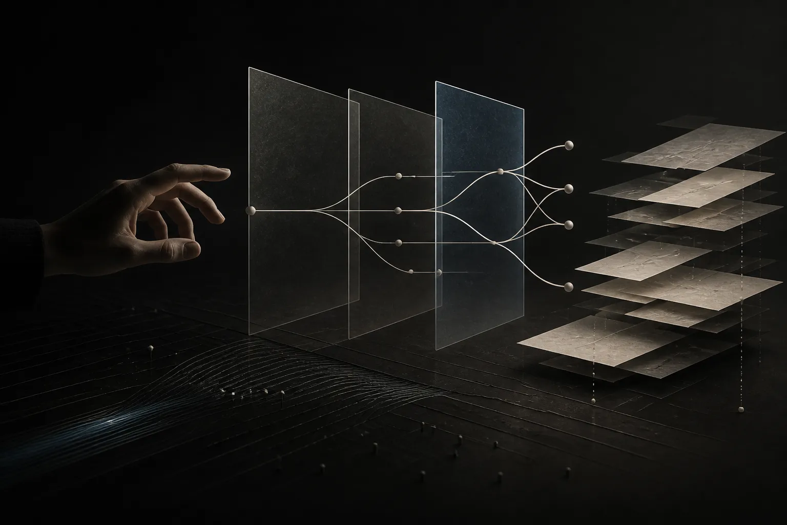 A hand tracing branching paths through translucent interface layers